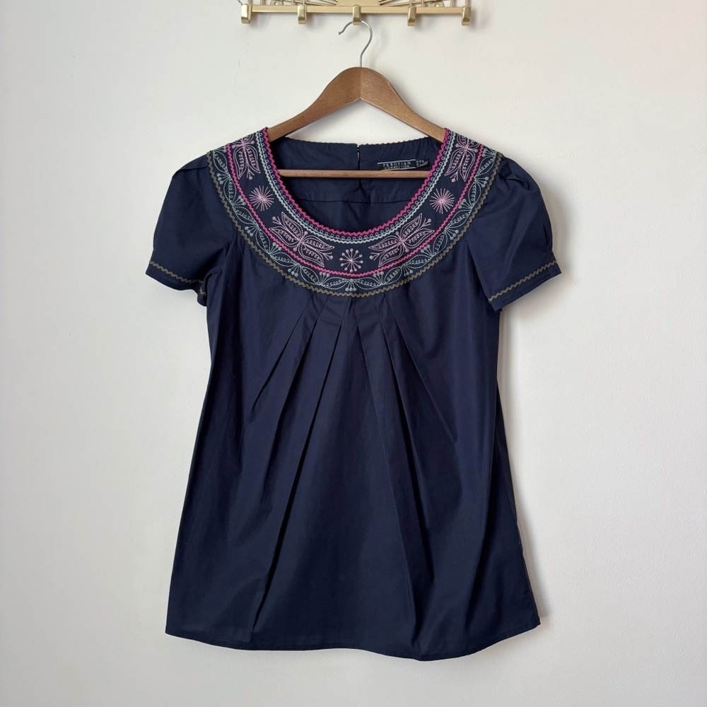 Peruvian Connection Blue Embroidered Short Sleeve Cotton Top Sz 6